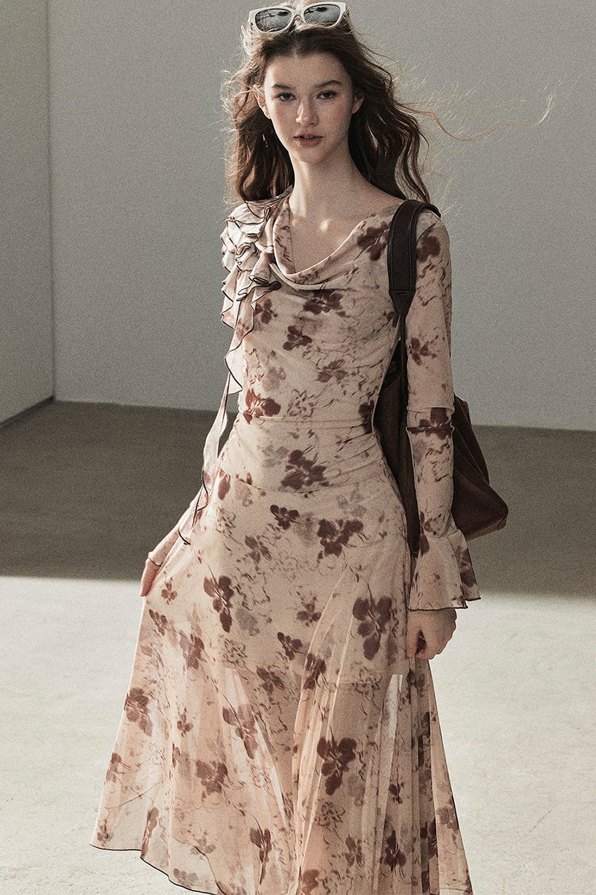 Ruffled French Floral Long Dress