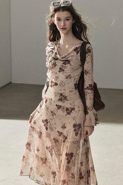 Ruffled French Floral Long Dress