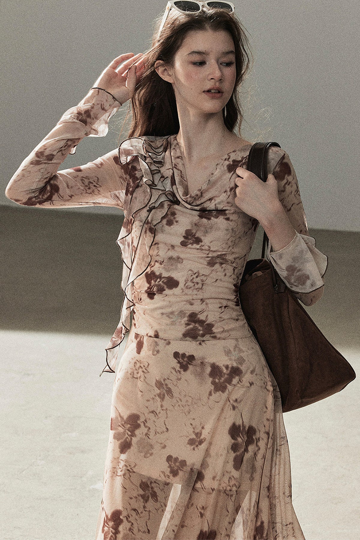 Ruffled French Floral Long Dress