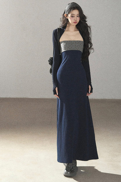 Navy Blue Strapless Bodycon Dress and Cardigan Set-Up