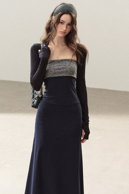 Navy Blue Strapless Bodycon Dress and Cardigan Set-Up