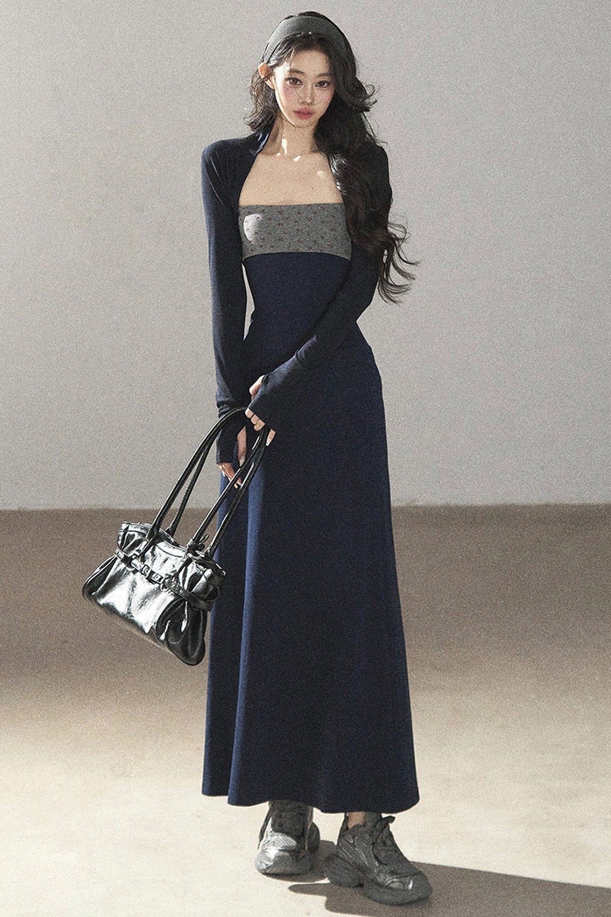 Navy Blue Strapless Bodycon Dress and Cardigan Set-Up