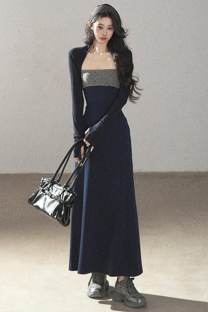 Navy Blue Strapless Bodycon Dress and Cardigan Set-Up