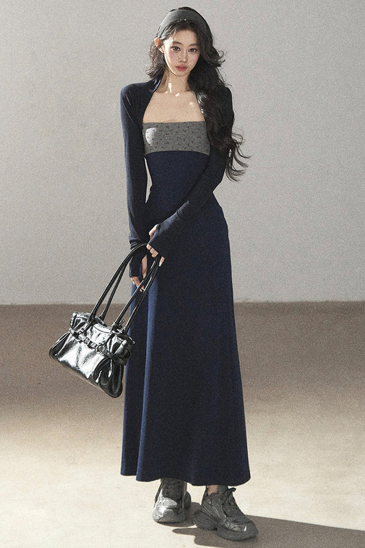 Navy Blue Strapless Bodycon Dress and Cardigan Set-Up