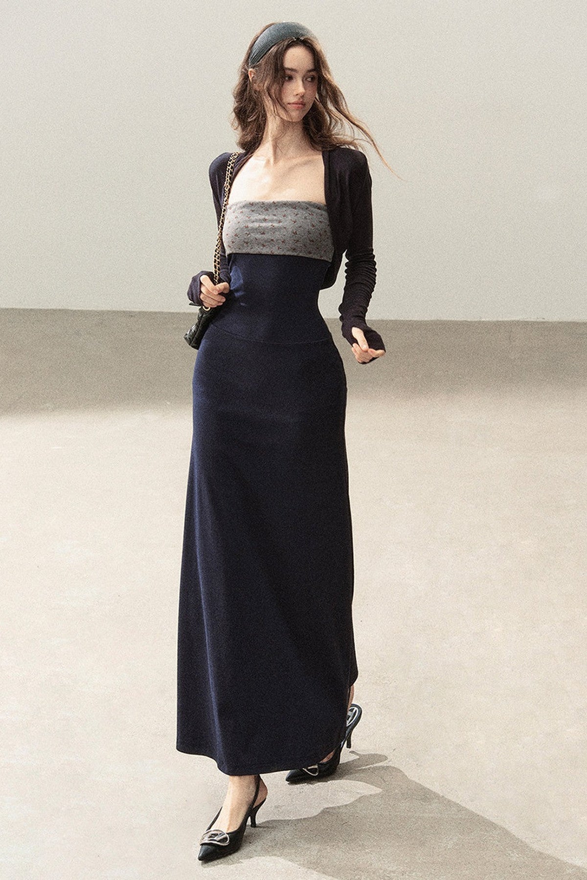 Navy Blue Strapless Bodycon Dress and Cardigan Set-Up