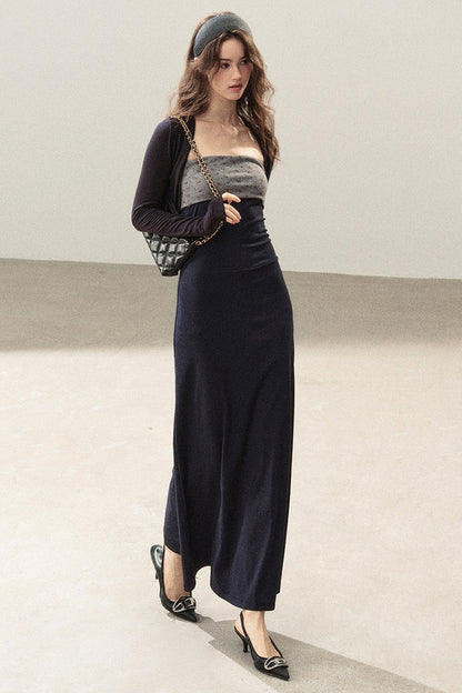 Navy Blue Strapless Bodycon Dress and Cardigan Set-Up