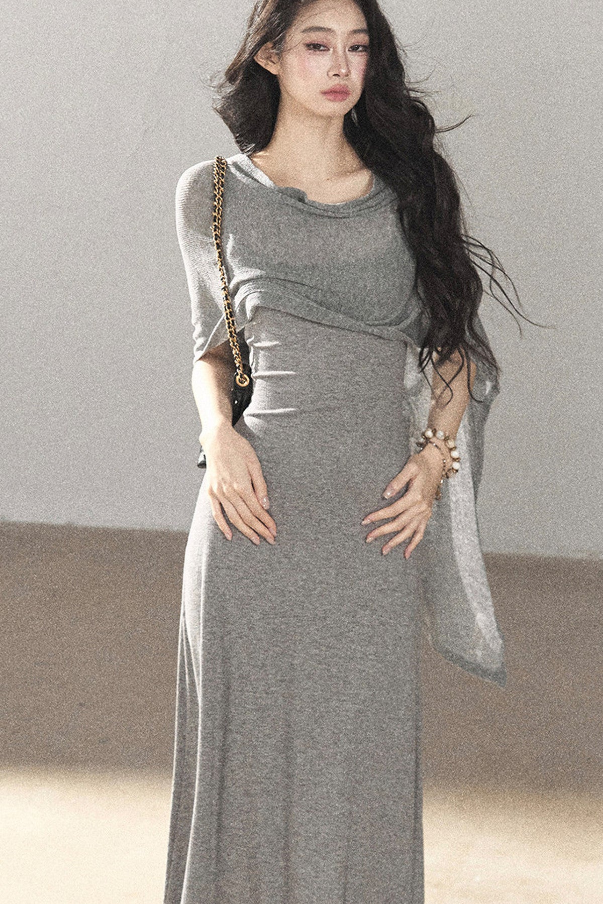 French Style Knit Long Dress Set
