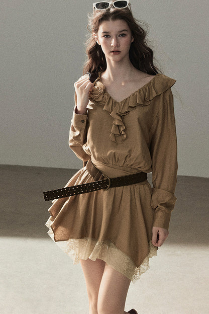 Ruffle Lace Hem Dress Set-Up