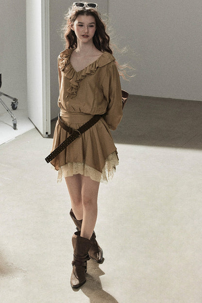 Ruffle Lace Hem Dress Set-Up