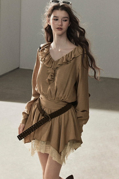Ruffle Lace Hem Dress Set-Up