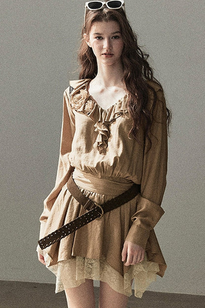 Ruffle Lace Hem Dress Set-Up
