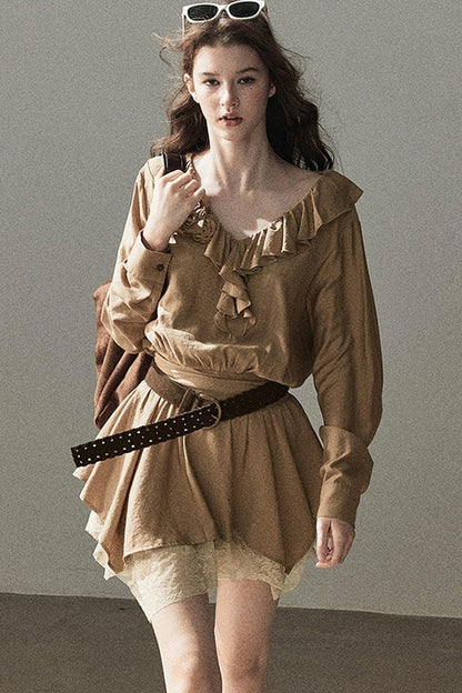Ruffle Lace Hem Dress Set-Up