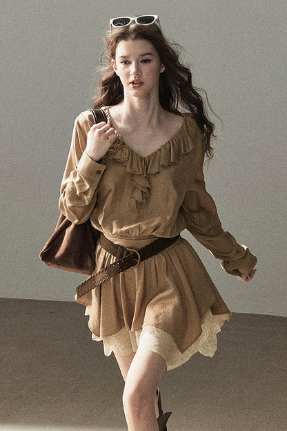 Ruffle Lace Hem Dress Set-Up