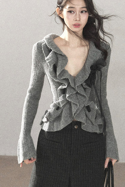 Pull court en maille à volants
