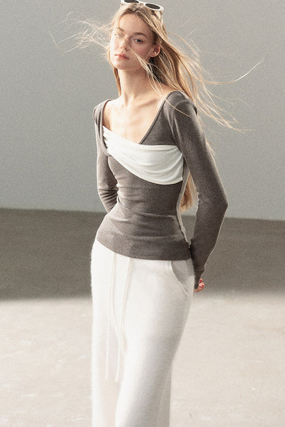 Spliced Regular Shoulder Long-Sleeve T-shirt