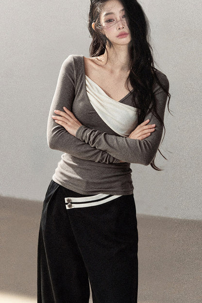 Spliced Regular Shoulder Long-Sleeve T-shirt
