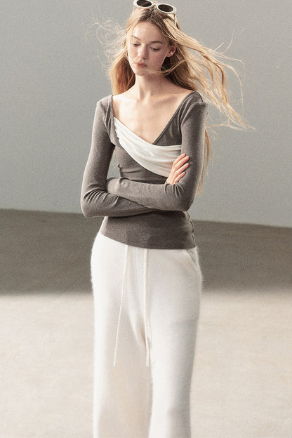 Spliced Regular Shoulder Long-Sleeve T-shirt