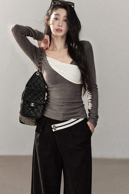 Spliced Regular Shoulder Long-Sleeve T-shirt