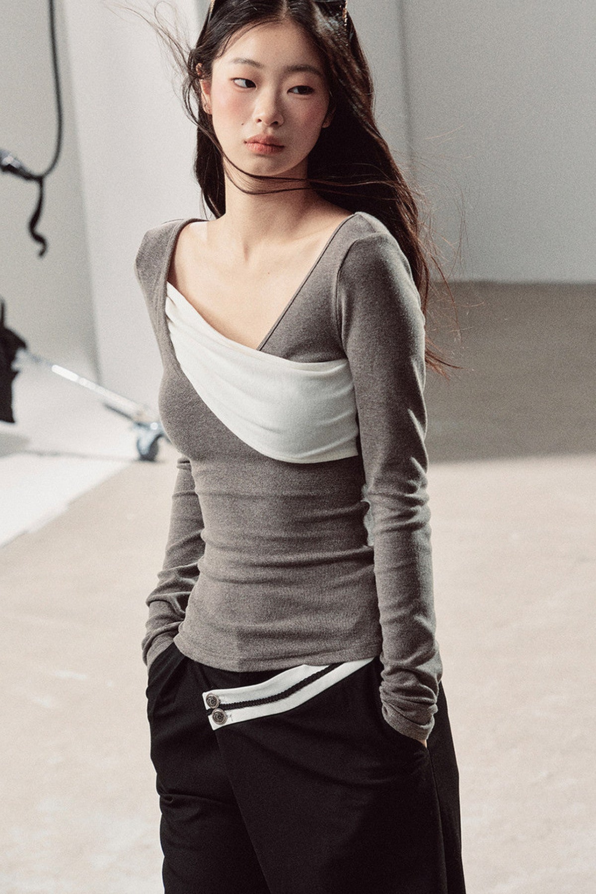 Spliced Regular Shoulder Long-Sleeve T-shirt