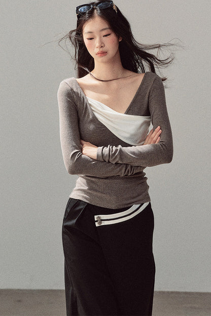 Spliced Regular Shoulder Long-Sleeve T-shirt