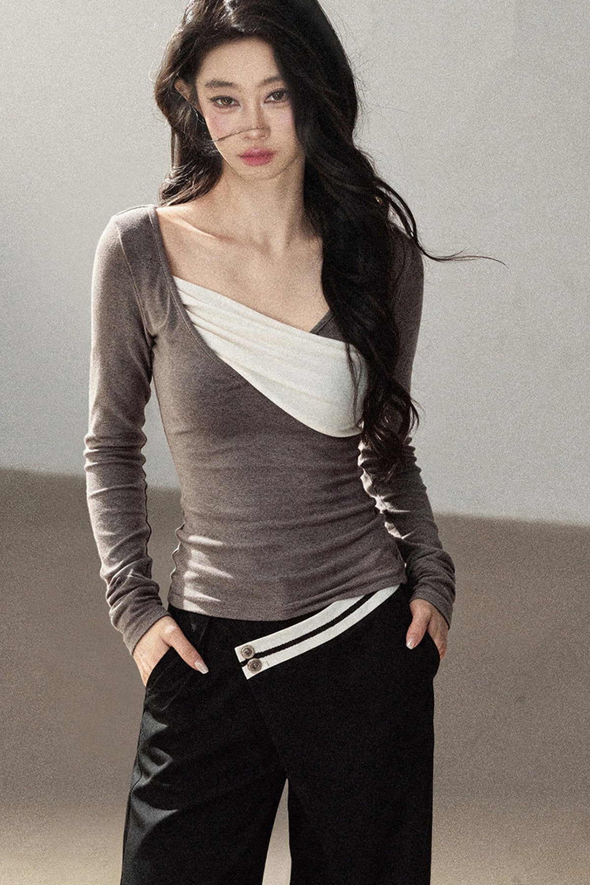 Spliced Regular Shoulder Long-Sleeve T-shirt