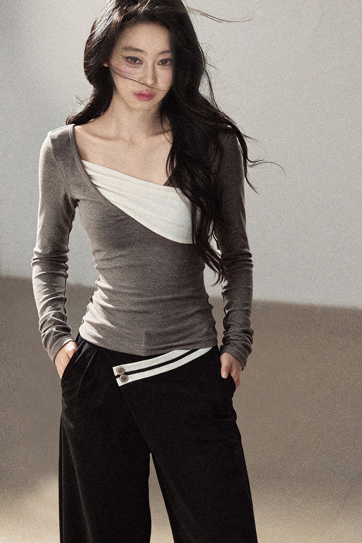 Spliced Regular Shoulder Long-Sleeve T-shirt
