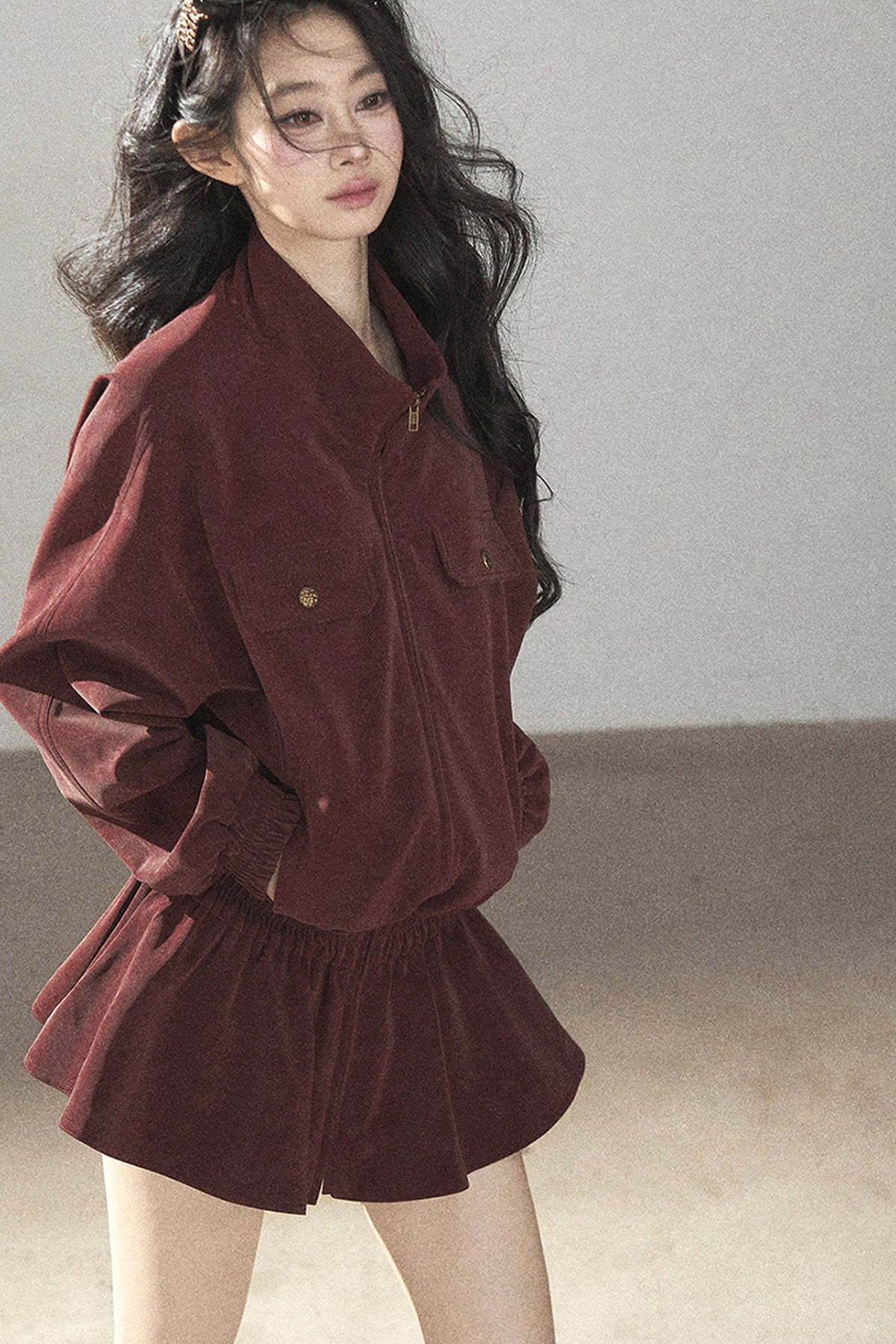 Burgundy Jacket And Shorts Set-Up