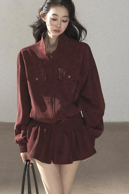 Burgundy Jacket And Shorts Set-Up