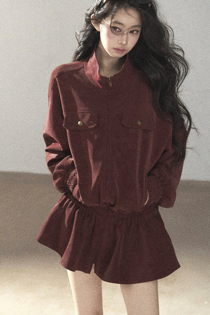 Burgundy Jacket And Shorts Set-Up