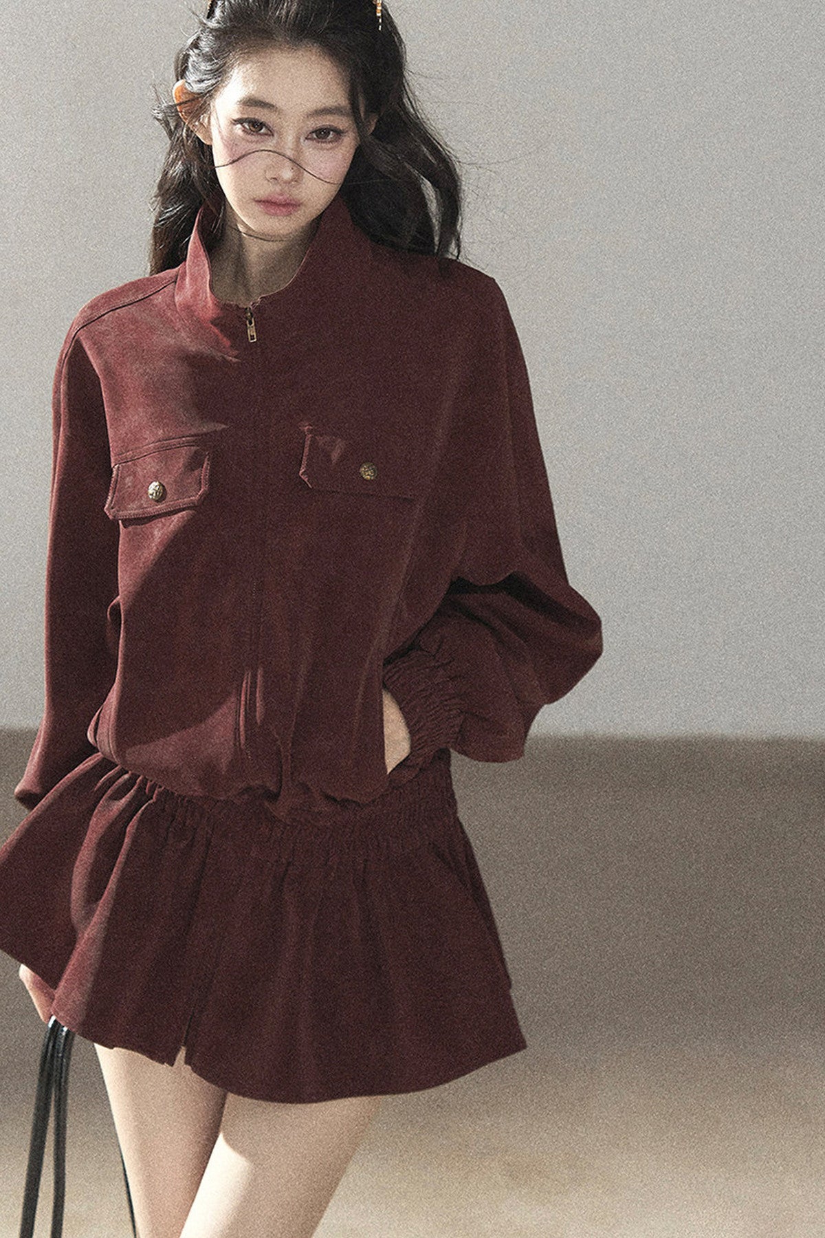 Burgundy Jacket And Shorts Set-Up