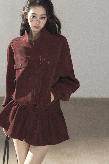 Burgundy Jacket And Shorts Set-Up