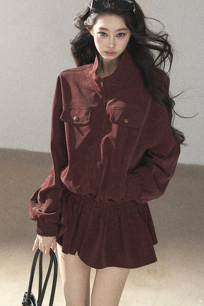 Burgundy Jacket And Shorts Set-Up