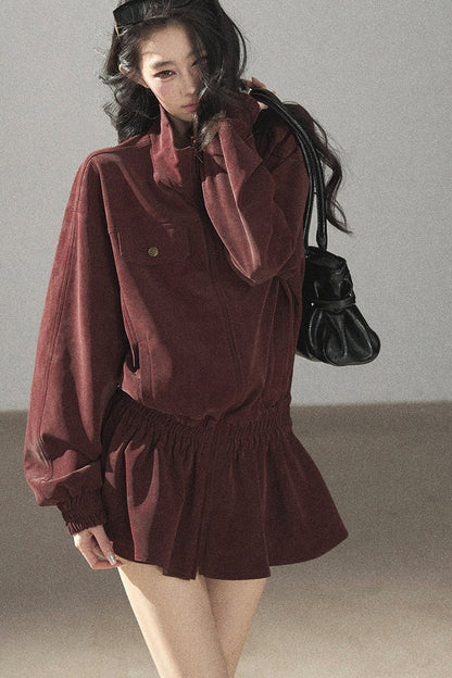 Burgundy Jacket And Shorts Set-Up