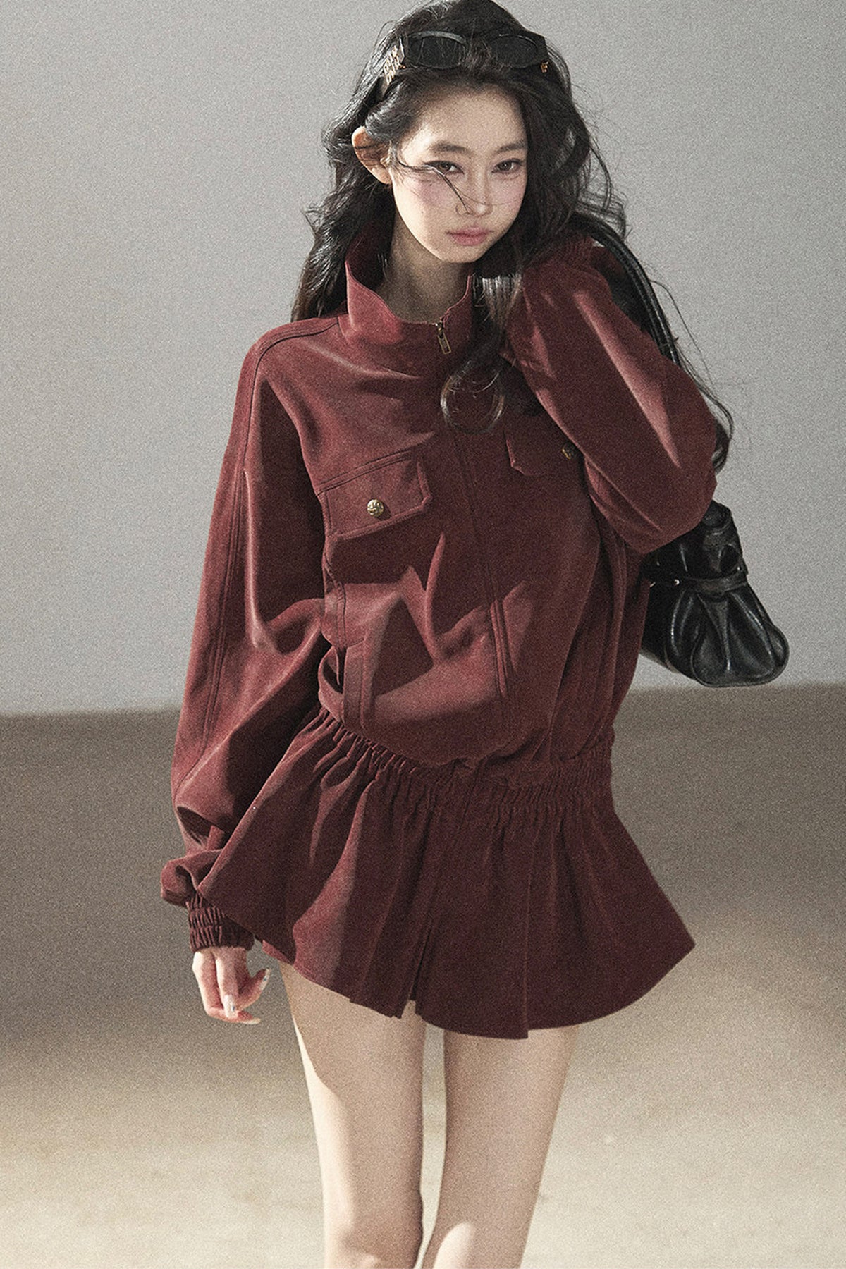 Burgundy Jacket And Shorts Set-Up