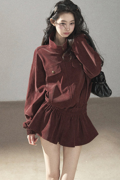 Burgundy Jacket And Shorts Set-Up