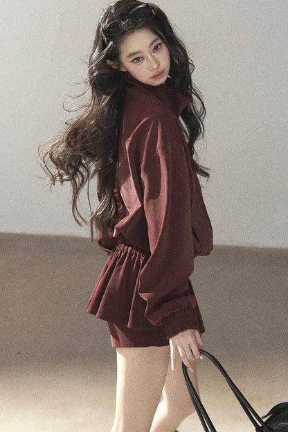 Burgundy Jacket And Shorts Set-Up