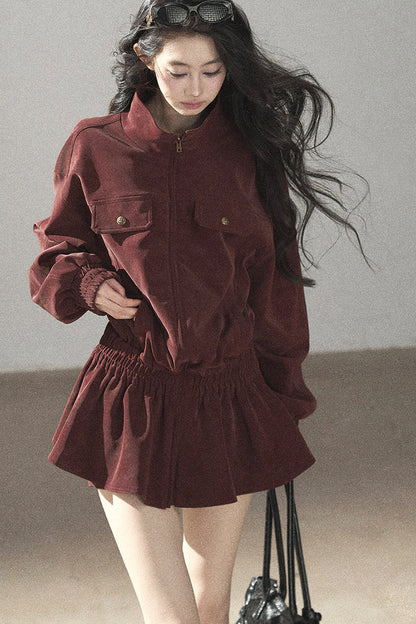 Burgundy Jacket And Shorts Set-Up