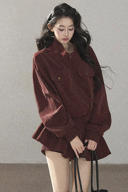 Burgundy Jacket And Shorts Set-Up