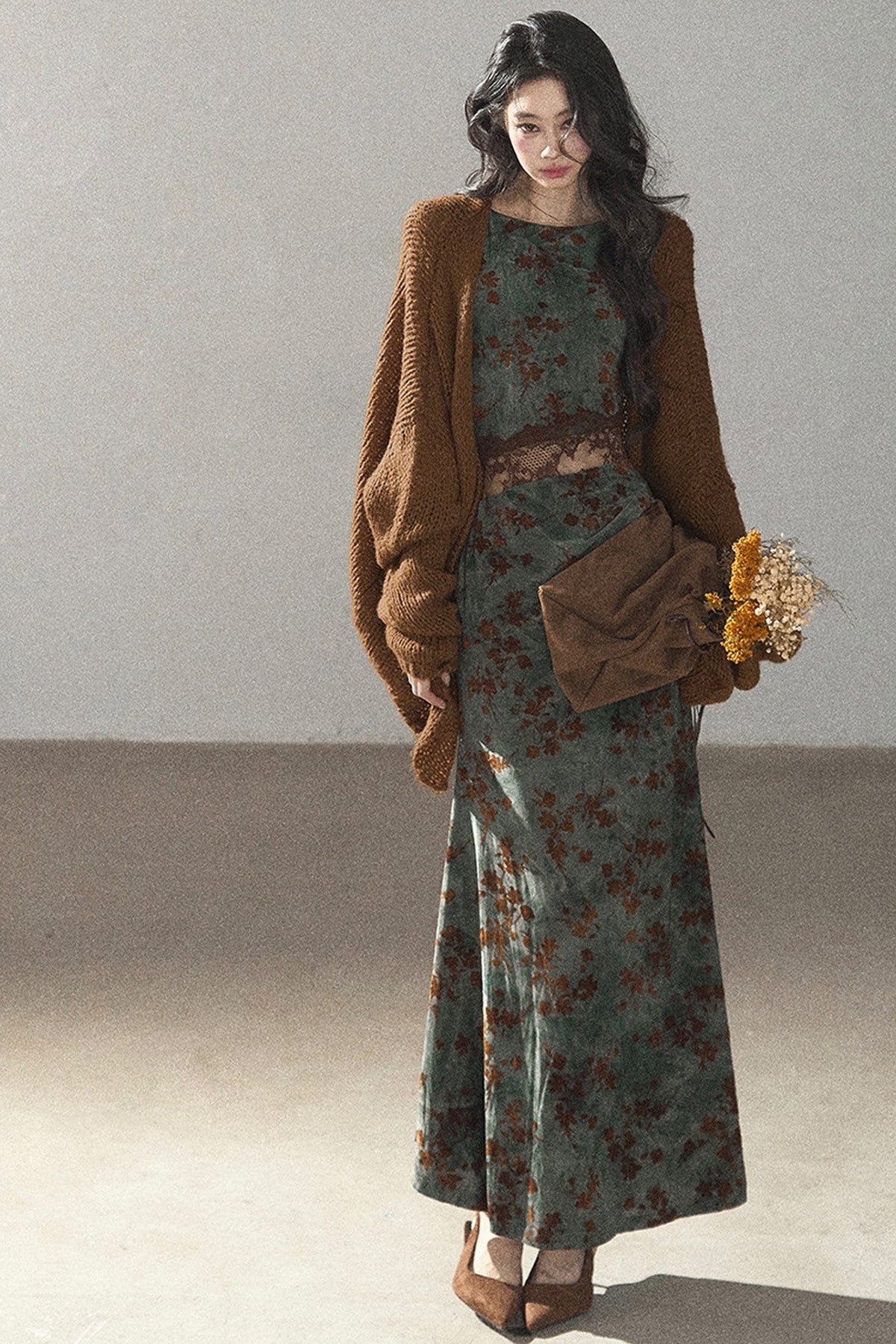 Moss Green Lace Floral Fishtail Dress