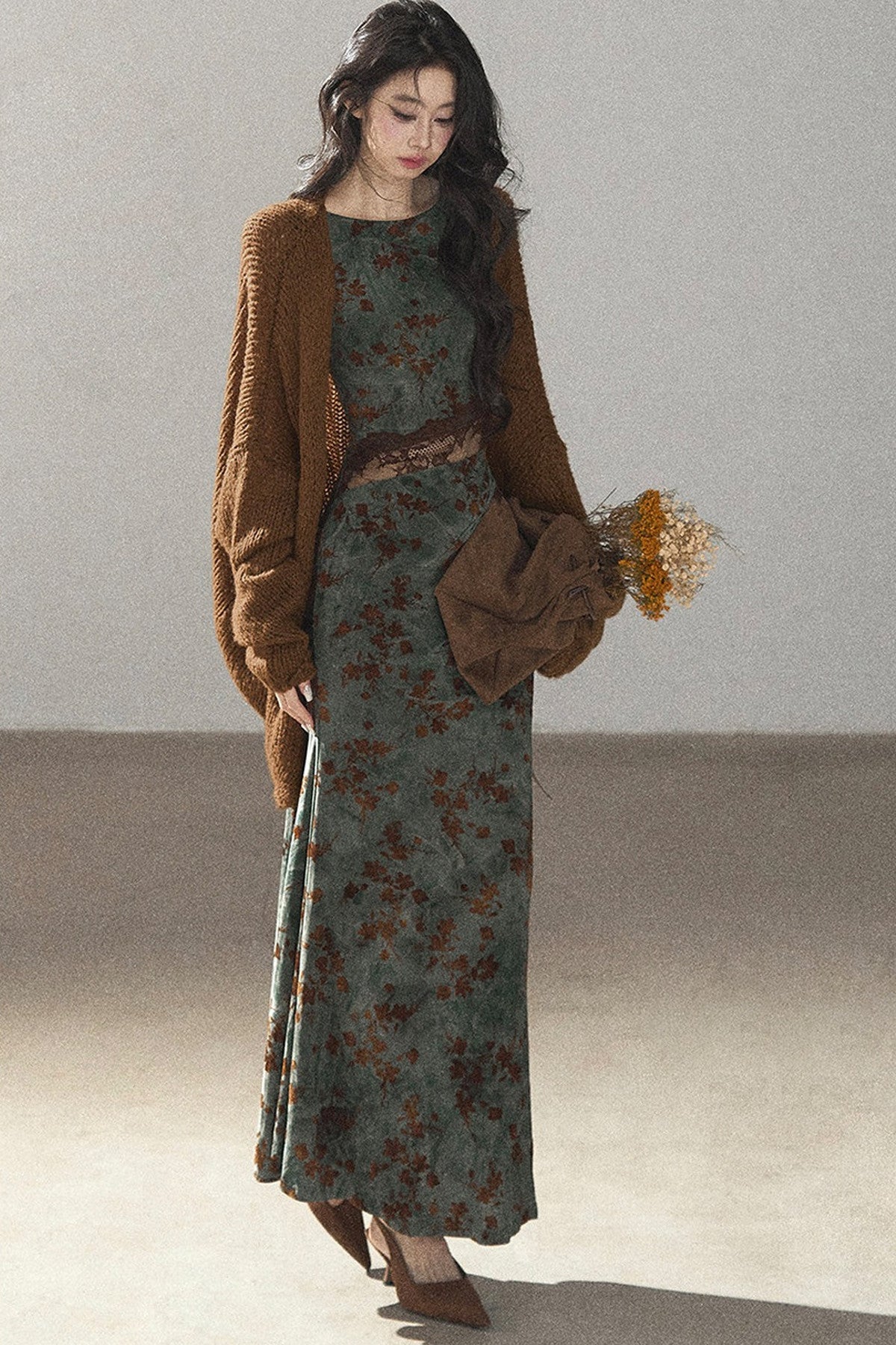 Moss Green Lace Floral Fishtail Dress