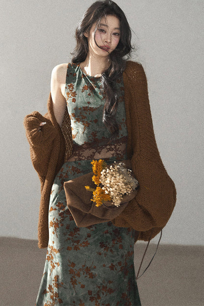 Moss Green Lace Floral Fishtail Dress