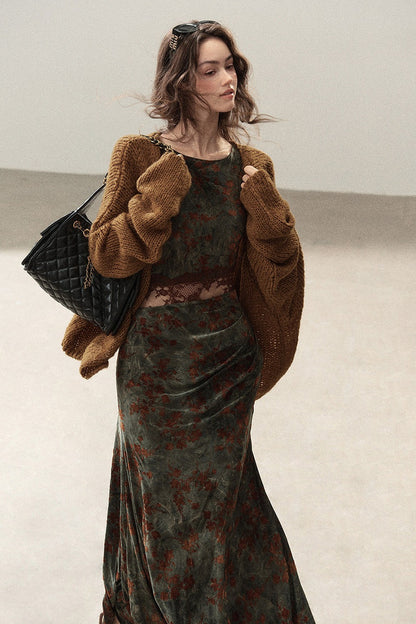 Moss Green Lace Floral Fishtail Dress