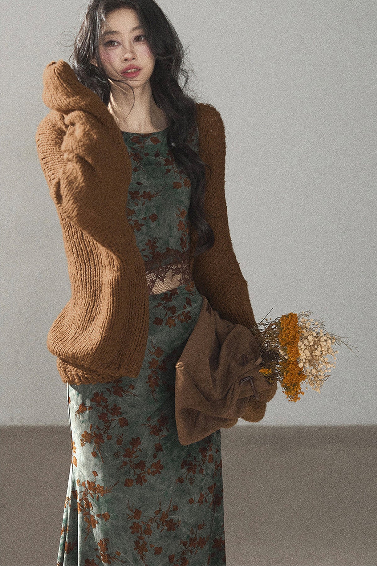 Moss Green Lace Floral Fishtail Dress