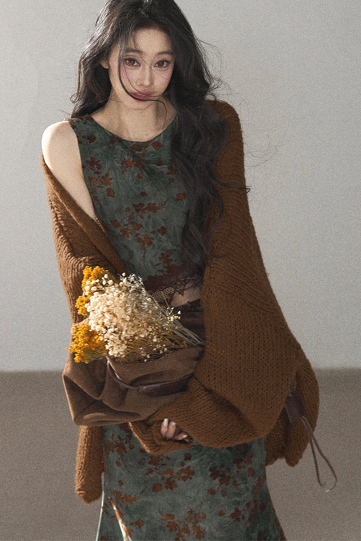 Moss Green Lace Floral Fishtail Dress