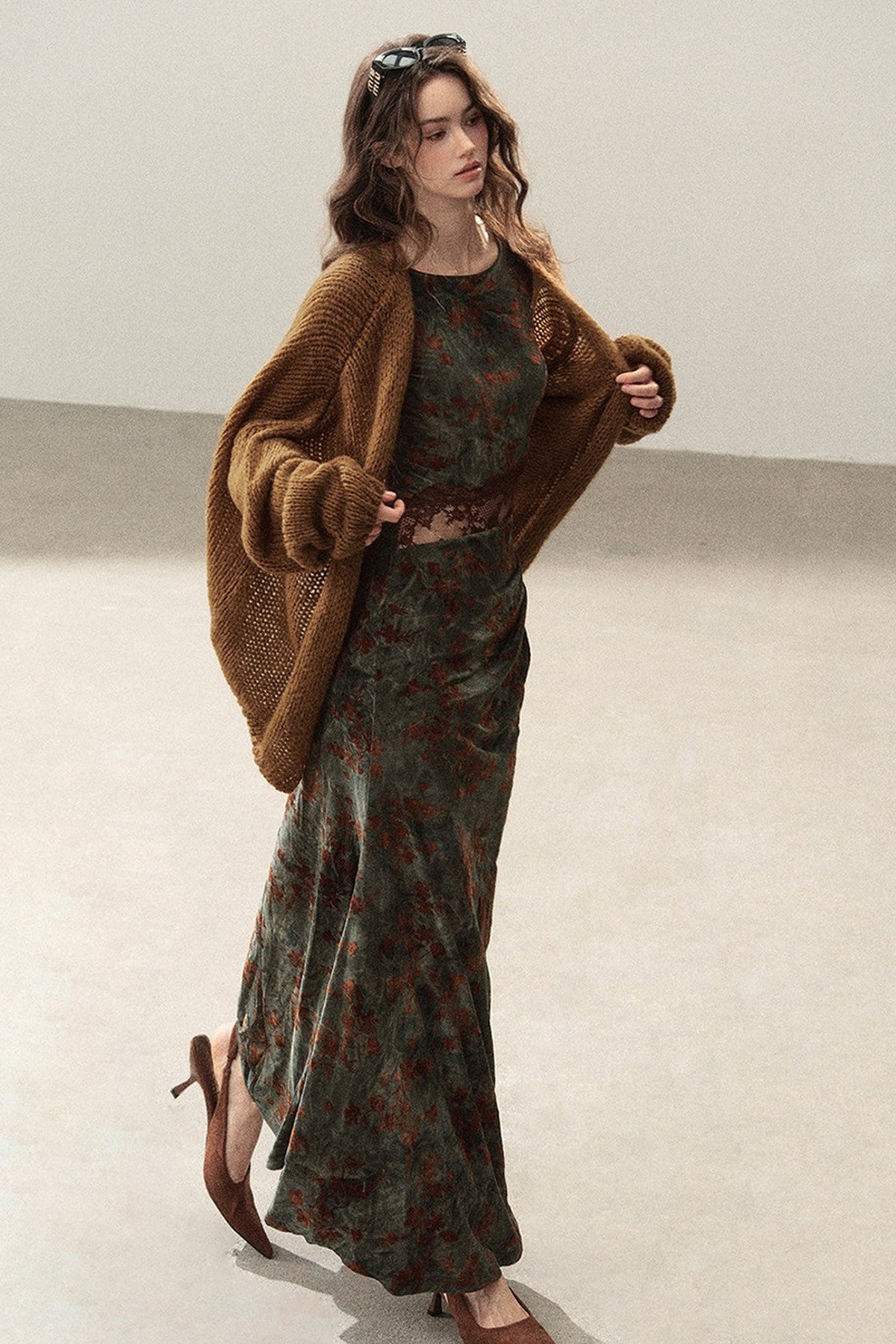 Moss Green Lace Floral Fishtail Dress