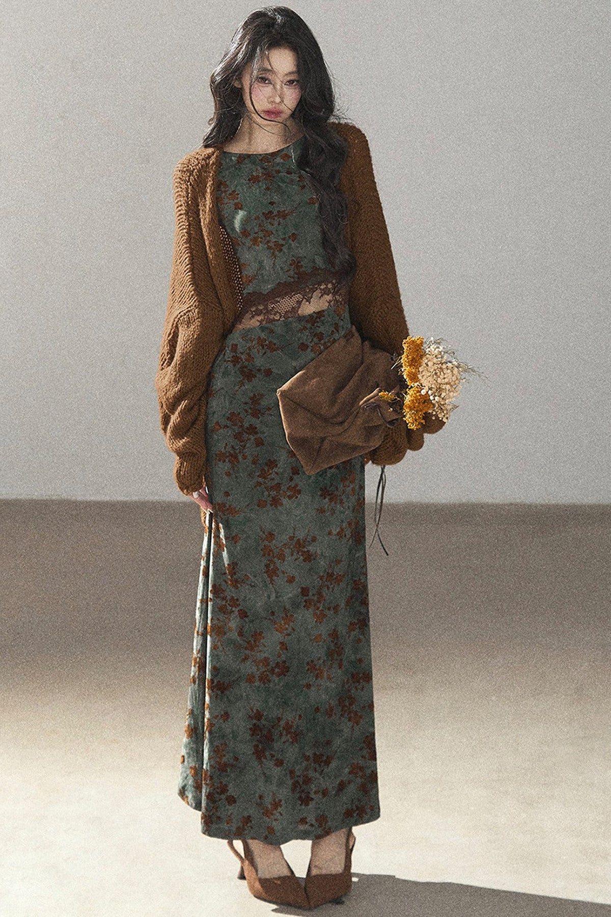Moss Green Lace Floral Fishtail Dress