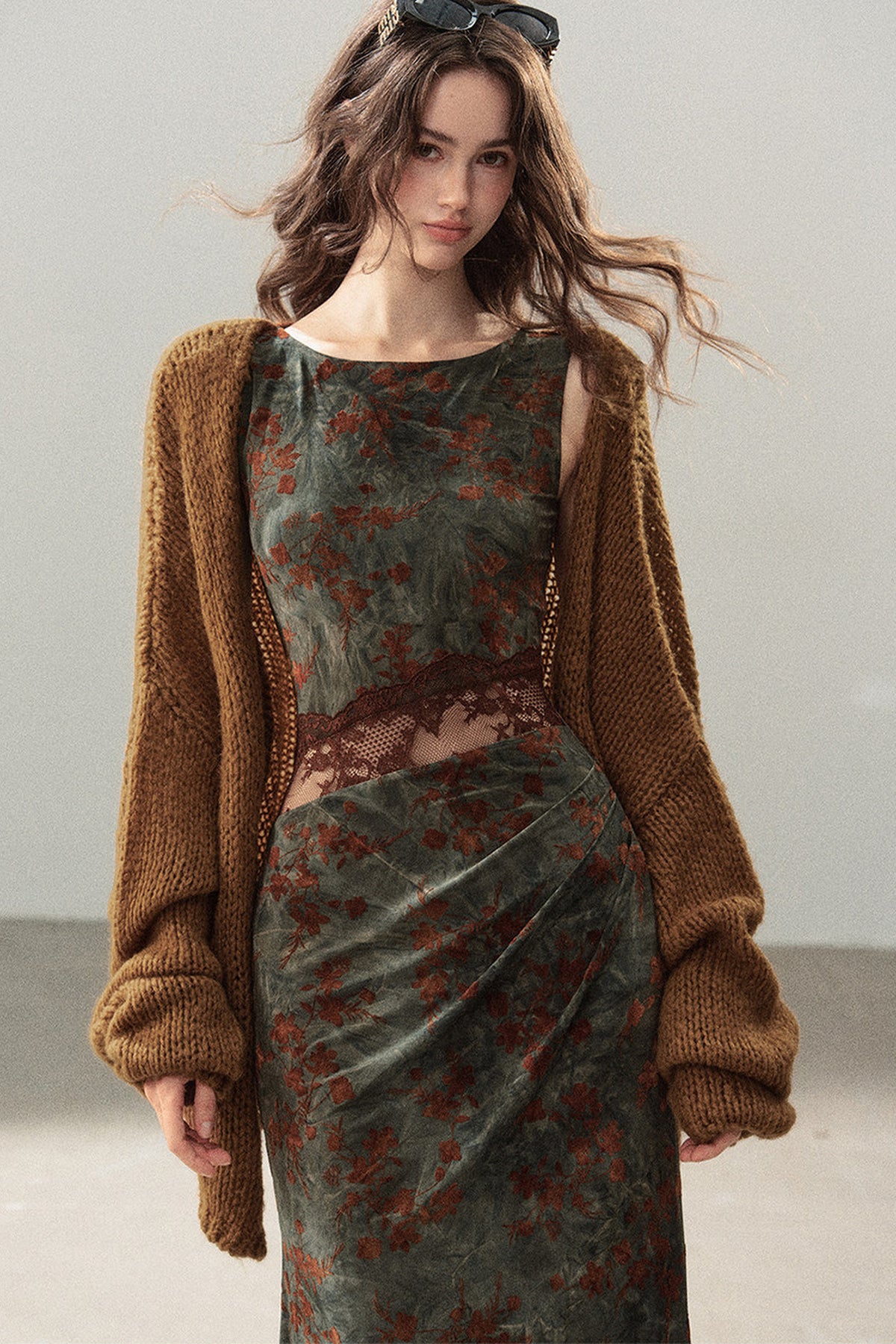 Moss Green Lace Floral Fishtail Dress