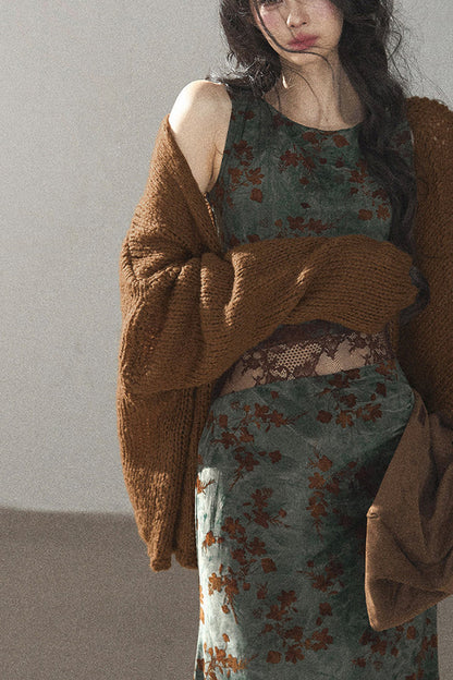 Moss Green Lace Floral Fishtail Dress