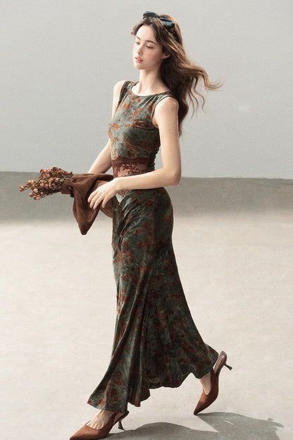 Moss Green Lace Floral Fishtail Dress
