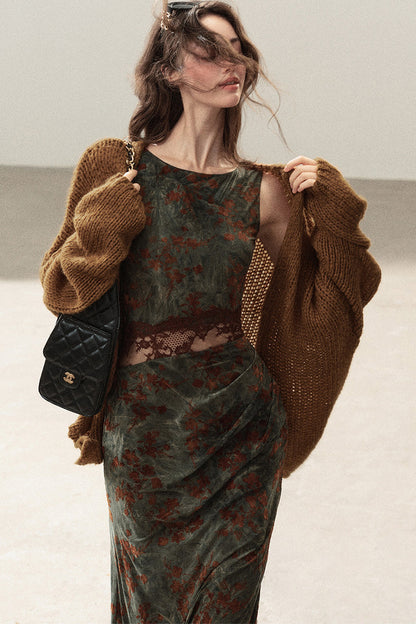 Moss Green Lace Floral Fishtail Dress